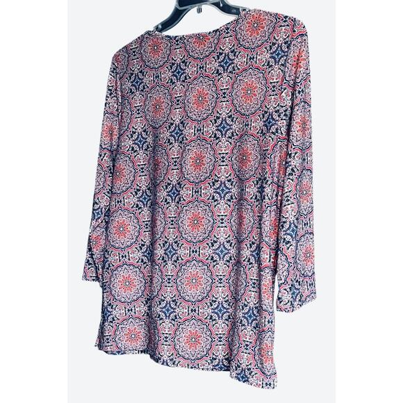 CATHY 3/4 SLEEVE ROUND NECK BLOUSE, WOMENS, L, PINK, BLUE, WHITE GEOMETRIC - Picture 5 of 12